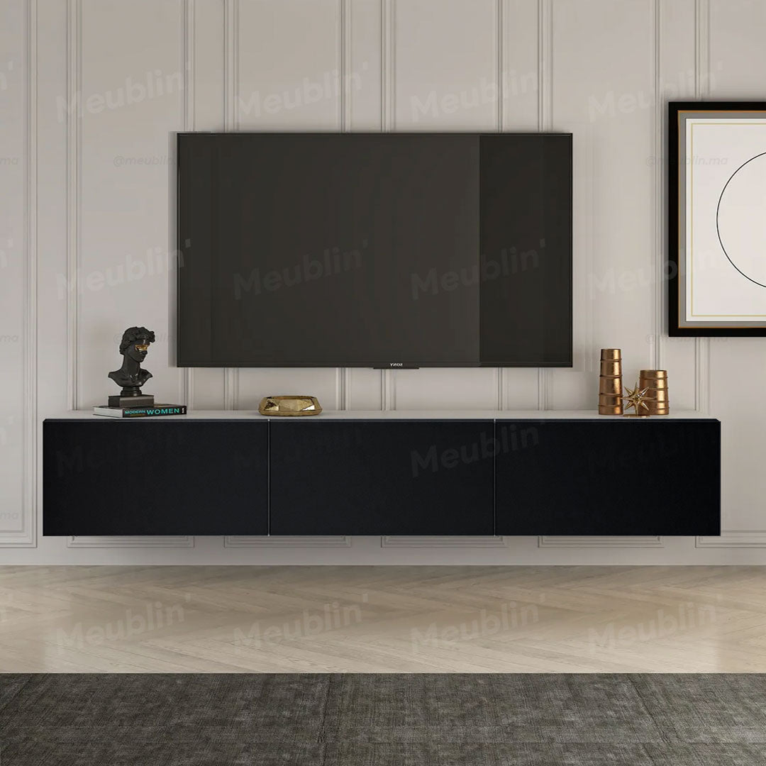 Meuble TV Mural Suspendu En Bois Massif - 180 Cm, Couleur Noyer, Design Flottant Avec Tiroirs, Pour Salon/appartement - 10