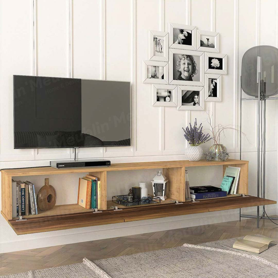 Meuble TV Mural Suspendu En Bois Massif - 180 Cm, Couleur Noyer, Design Flottant Avec Tiroirs, Pour Salon/appartement - 5