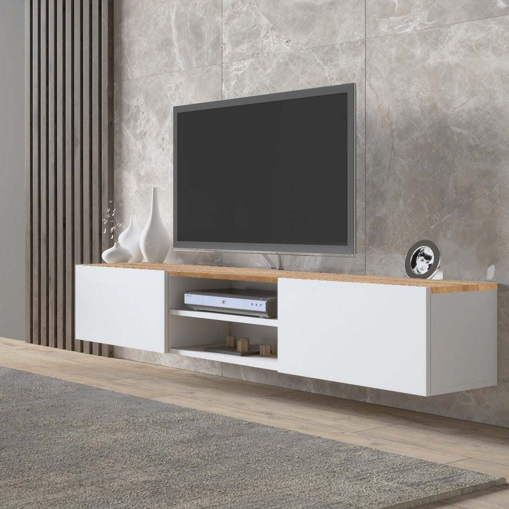Meuble TV Mural Flottant 160 Cm – Avec Rangements Fermés, Style Ferme, Pour Salon Et Chambre, Blanc