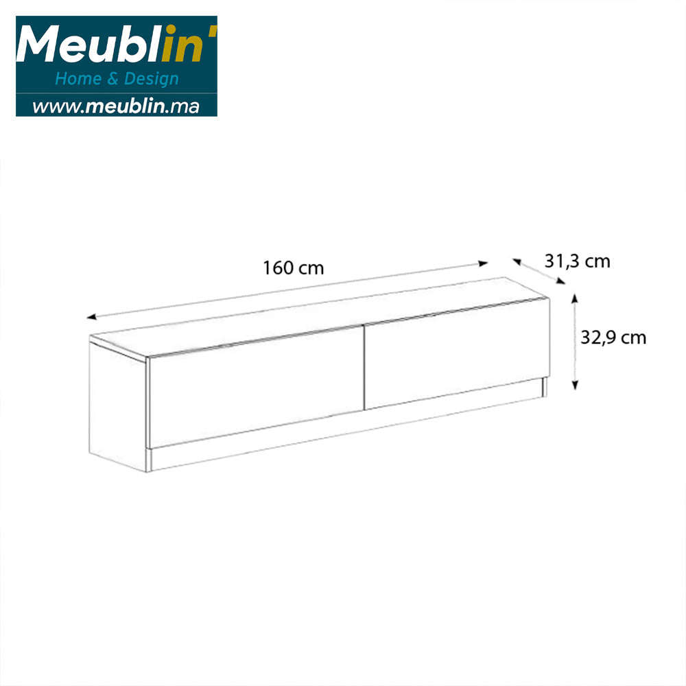 Meuble TV AHENK 160 cm à 2 portes - Blanc - Salon ou séjour - Meublin.ma Meuble TV Meublin.ma