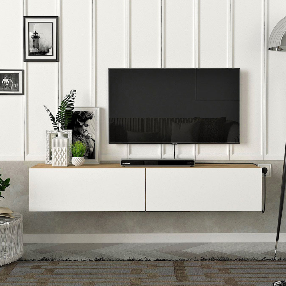 Meuble TV design suspendu ARISTO 135 cm - Chêne et blanc - Meublin.ma Meuble TV Meublin.ma