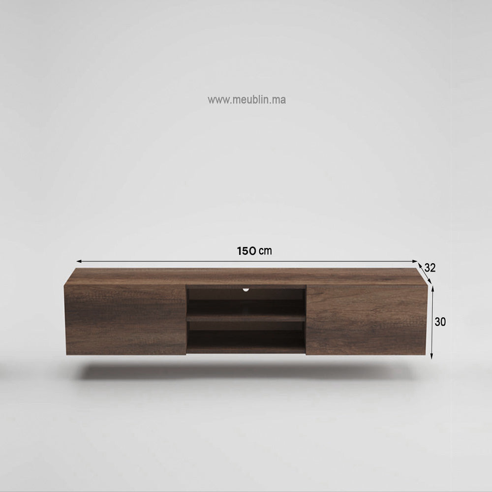 Meuble TV suspendu en bois ATLAS 150 cm à 2 portes - Décor noyer clair - Meublin.ma Meuble TV Meublin.ma