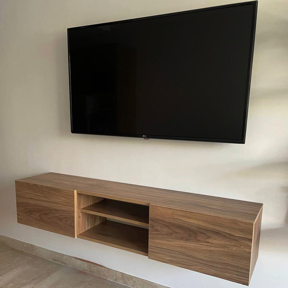 Meuble TV suspendu en bois ATLAS 150 cm à 2 portes - Décor noyer clair - Meublin.ma Meuble TV Meublin.ma