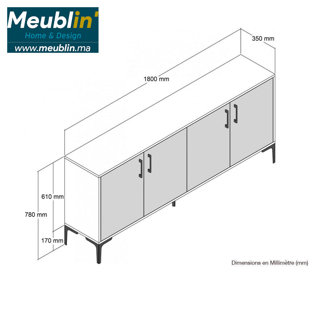 Buffet Console BARCELONA 180 cm à 4 portes - Noyer à effet marbré - Meublin.ma Commode, table de chevet Meublin.ma