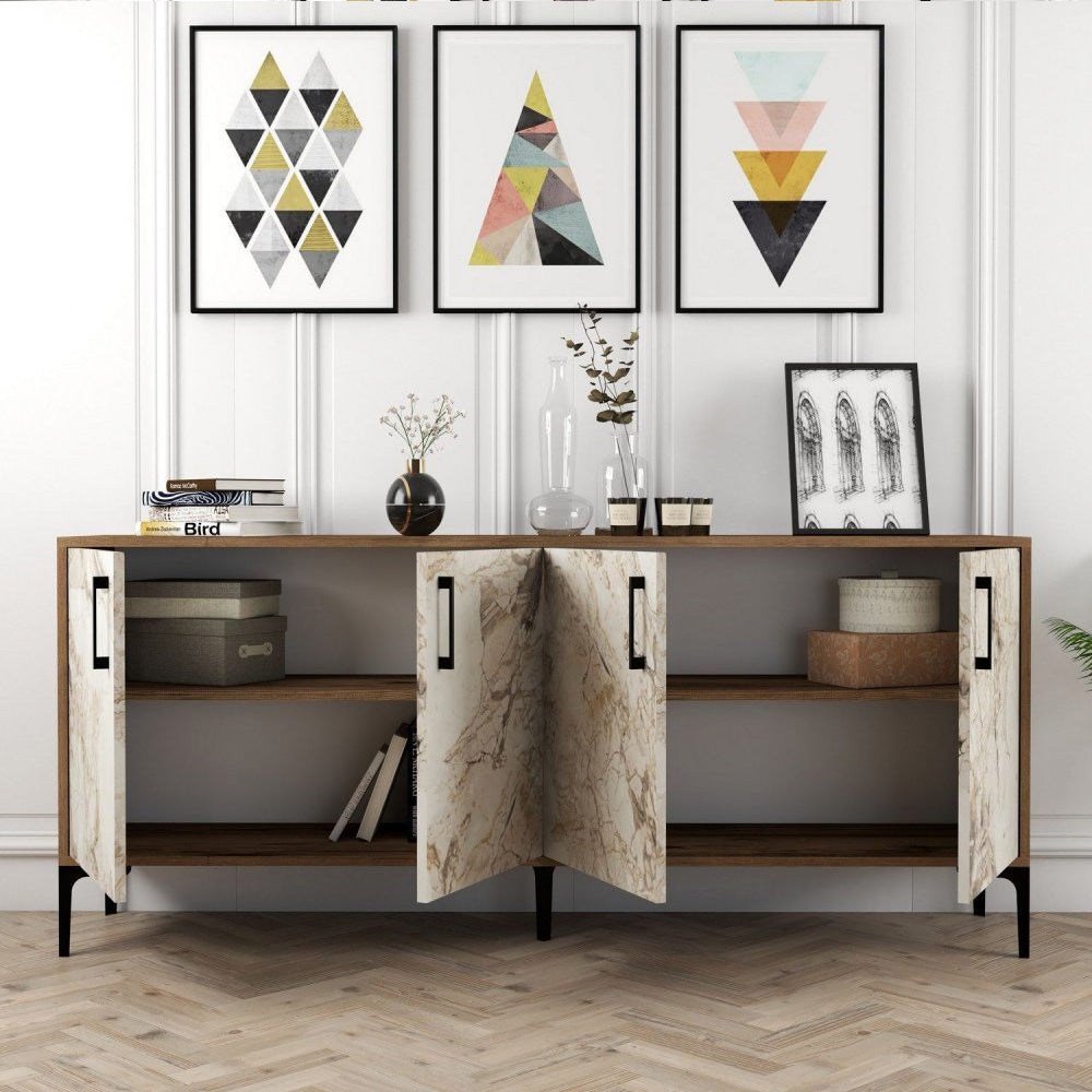 Buffet Console BARCELONA 180 cm à 4 portes - Noyer à effet marbré ...