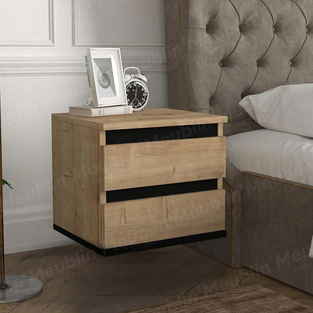 Table de nuit - chevet suspendu BERNIS à 2 tiroirs - Chêne et noir - Meublin.ma Commode, table de chevet Meublin.ma