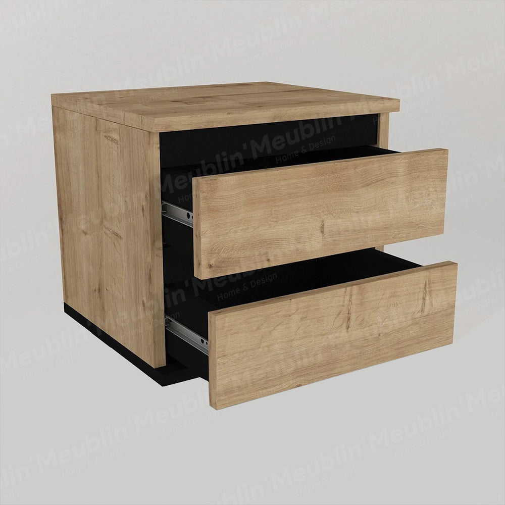 Table de nuit - chevet suspendu BERNIS à 2 tiroirs - Chêne et noir - Meublin.ma Commode, table de chevet Meublin.ma