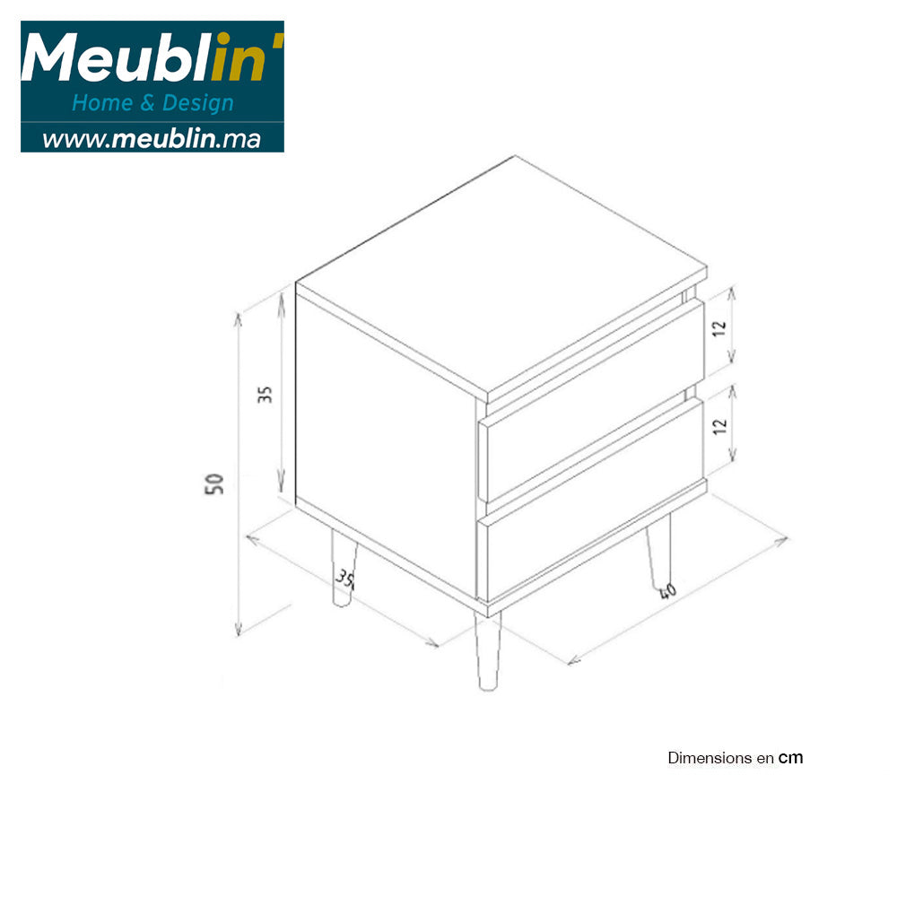 Table de nuit moderne BERNIS à 2 tiroirs - Chêne et noir - Meublin.ma Commode, table de chevet Meublin.ma