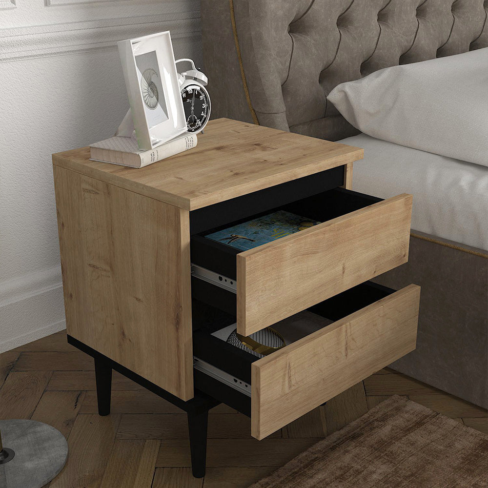 Table de nuit moderne BERNIS à 2 tiroirs - Chêne et noir - Meublin.ma Commode, table de chevet Meublin.ma
