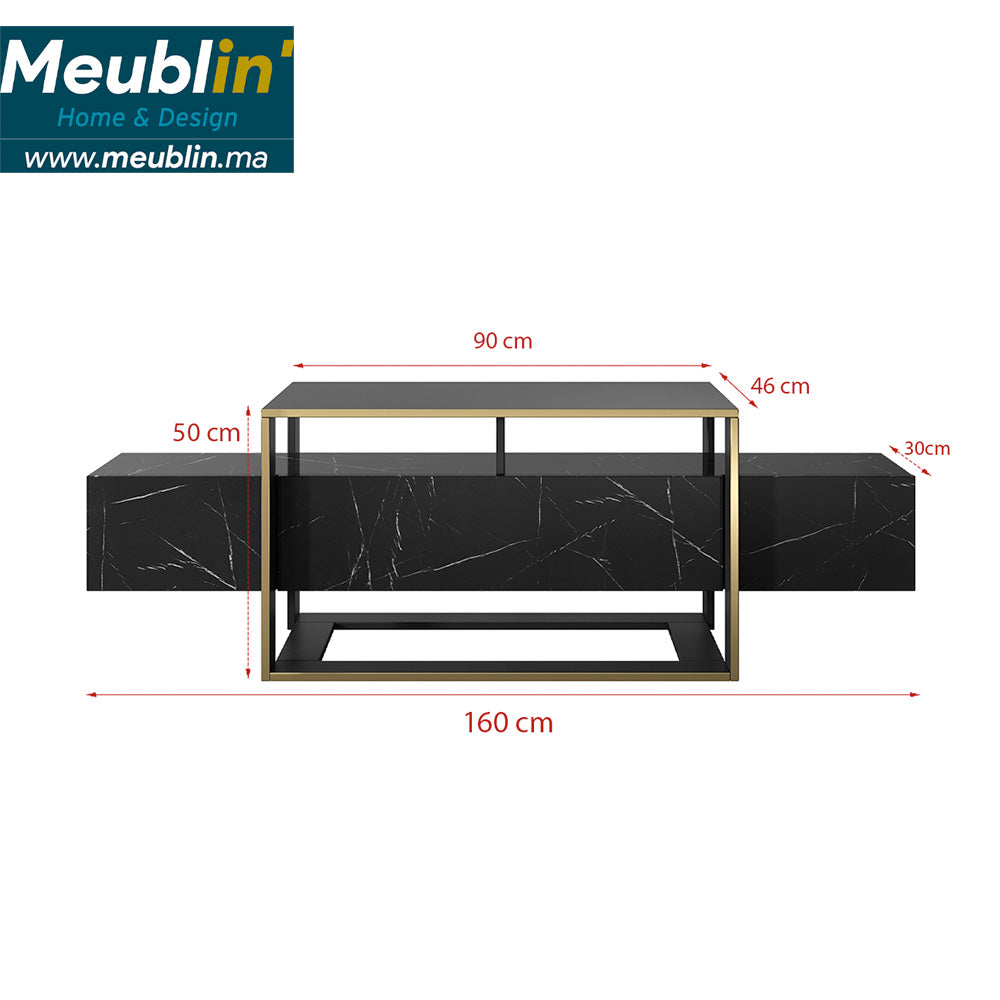 Meuble TV moderne BIANCO 160 cm - Effet marbre noir et doré - Meublin.ma Meuble TV Meublin.ma