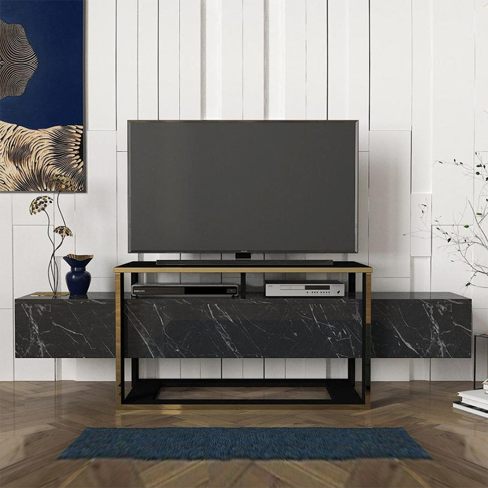 Meuble TV moderne BIANCO 160 cm - Effet marbre noir et doré - Meublin.ma Meuble TV Meublin.ma
