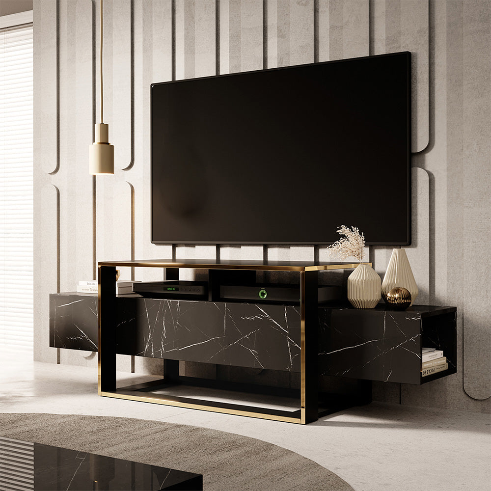 Meuble TV moderne BIANCO 160 cm - Effet marbre noir et doré - Meublin.ma Meuble TV Meublin.ma