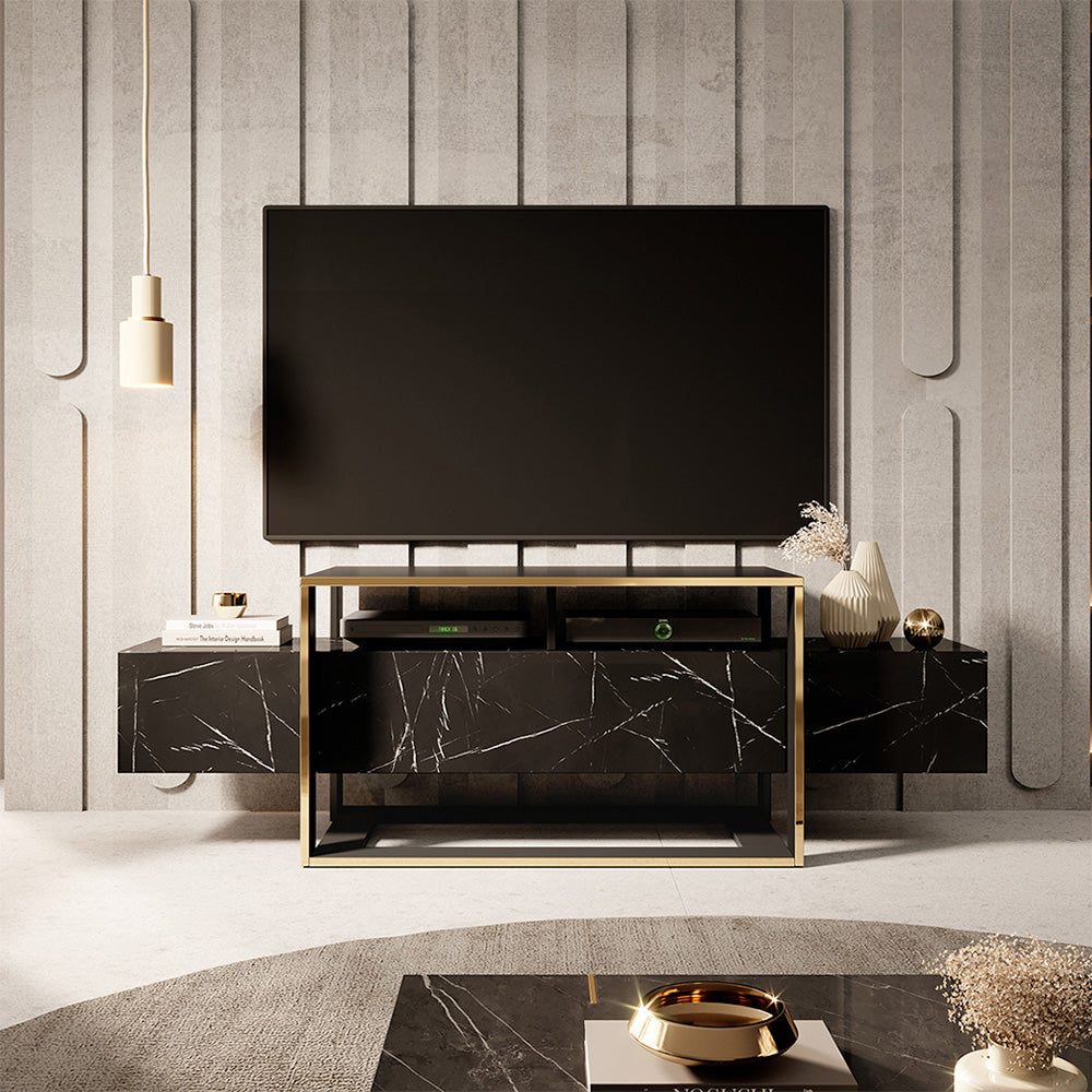 Meuble TV moderne BIANCO 160 cm - Effet marbre noir et doré - Meublin.ma Meuble TV Meublin.ma