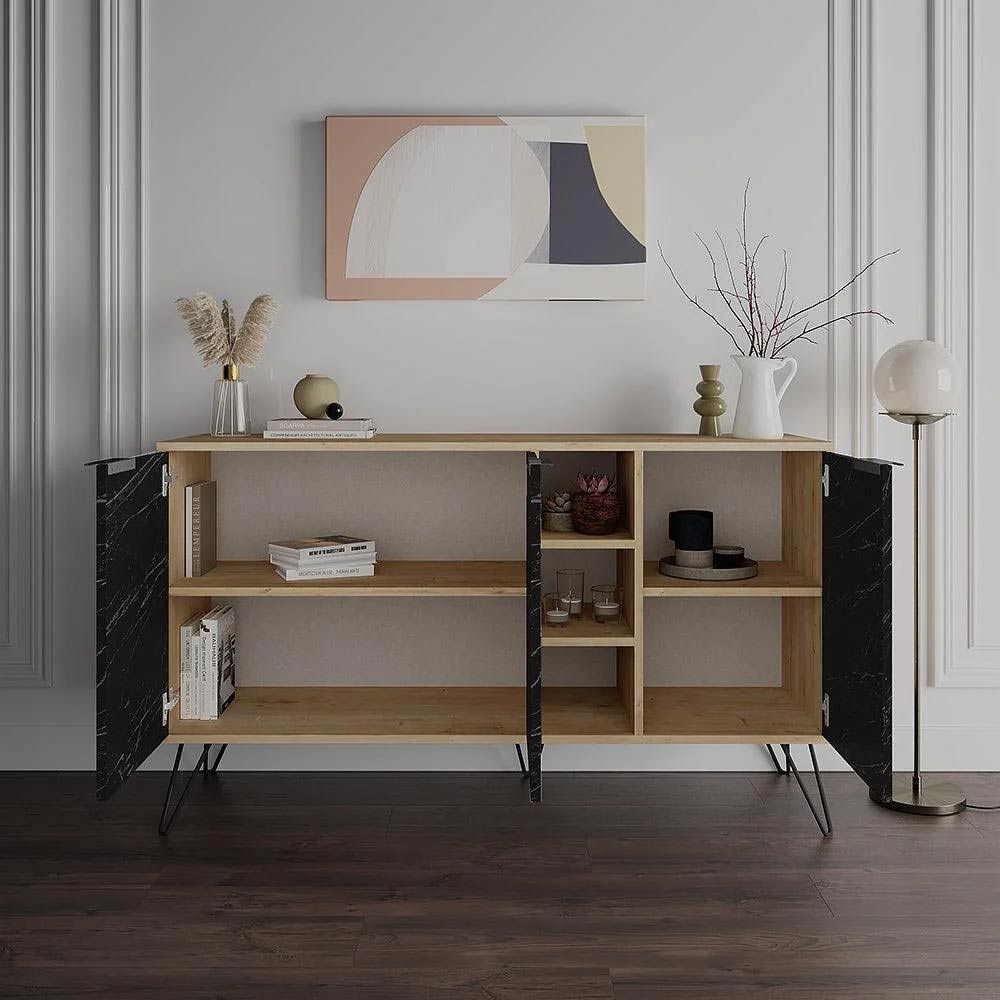 Console moderne CLARA 142 cm - Chêne et marbré noir - Buffet et Bahut - Meublin.ma Meuble TV Meublin.ma