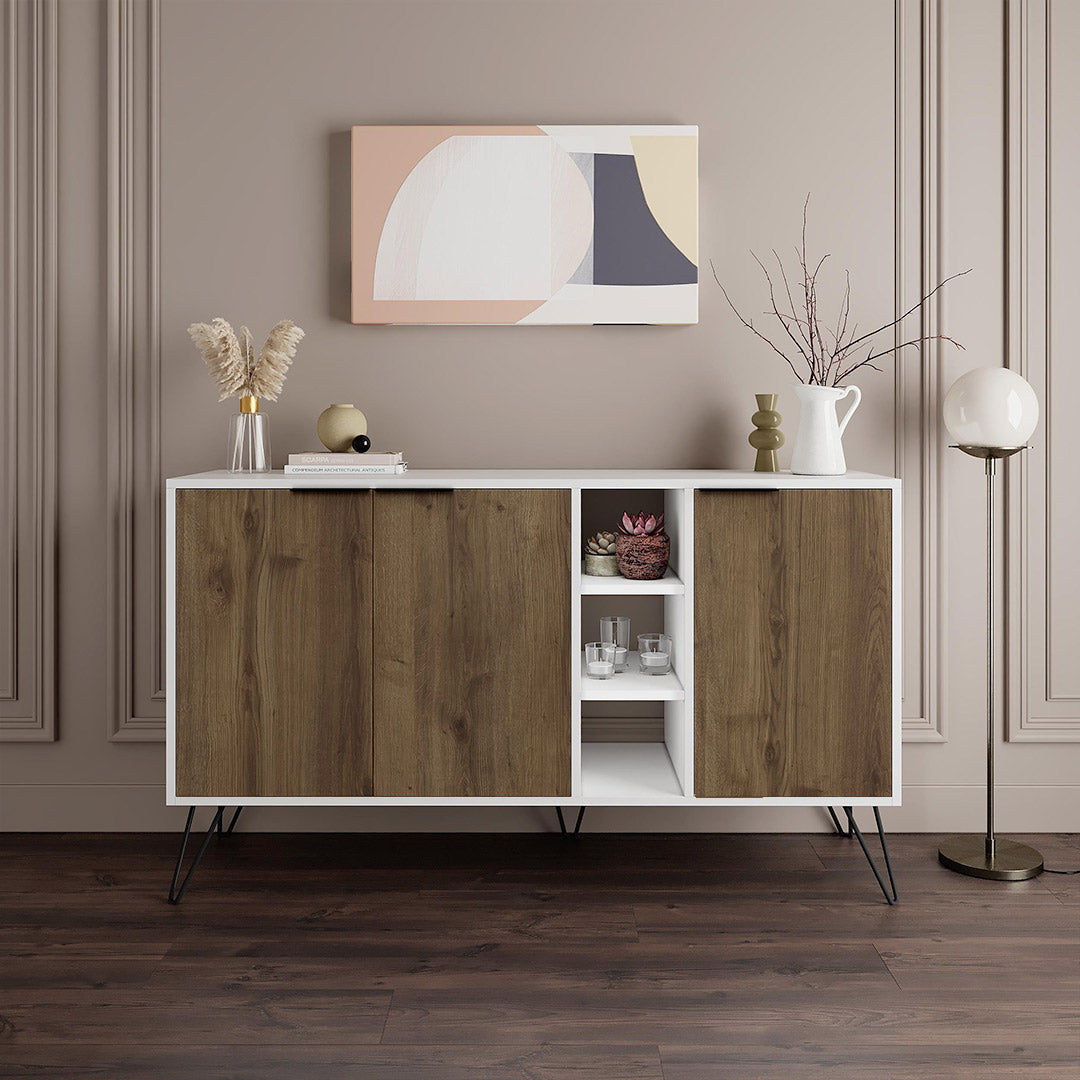 Console CLARA 142 cm - Buffet et Bahut de rangement - Blanc et Noyer