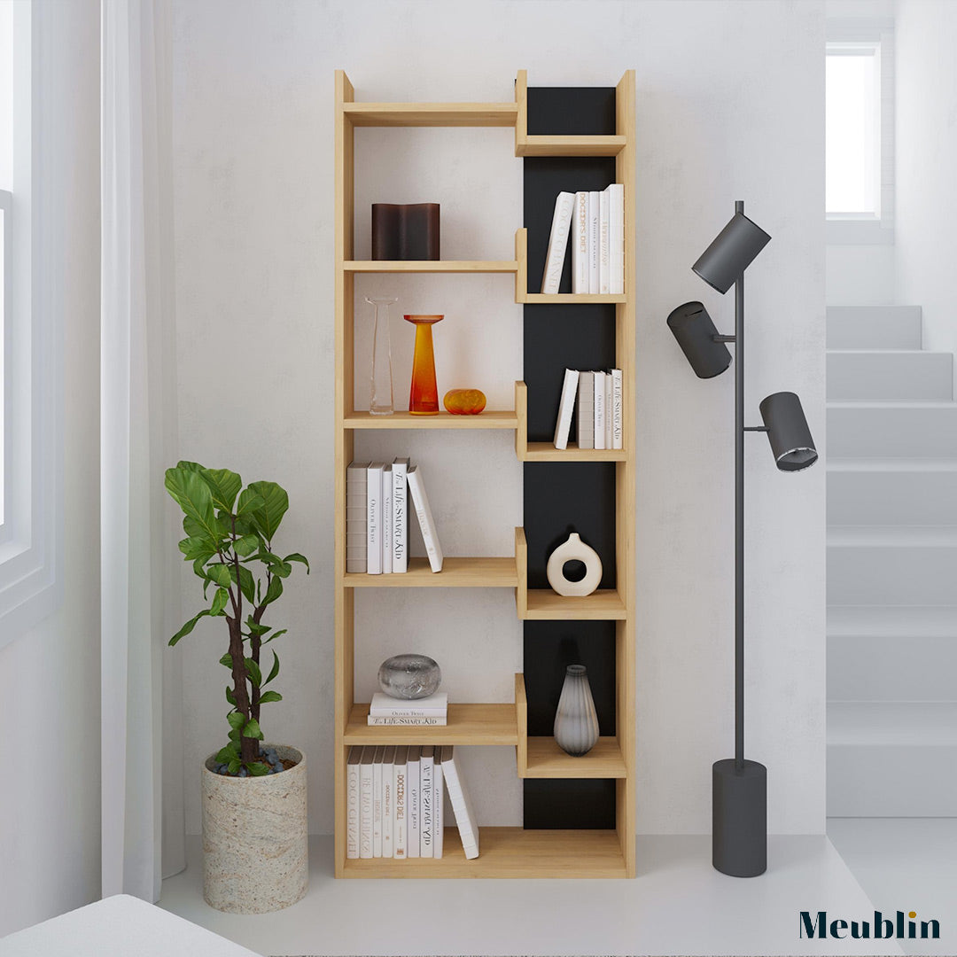 Bibliothèque à étagères de rangement OPPA 162 cm - Chêne et Noir