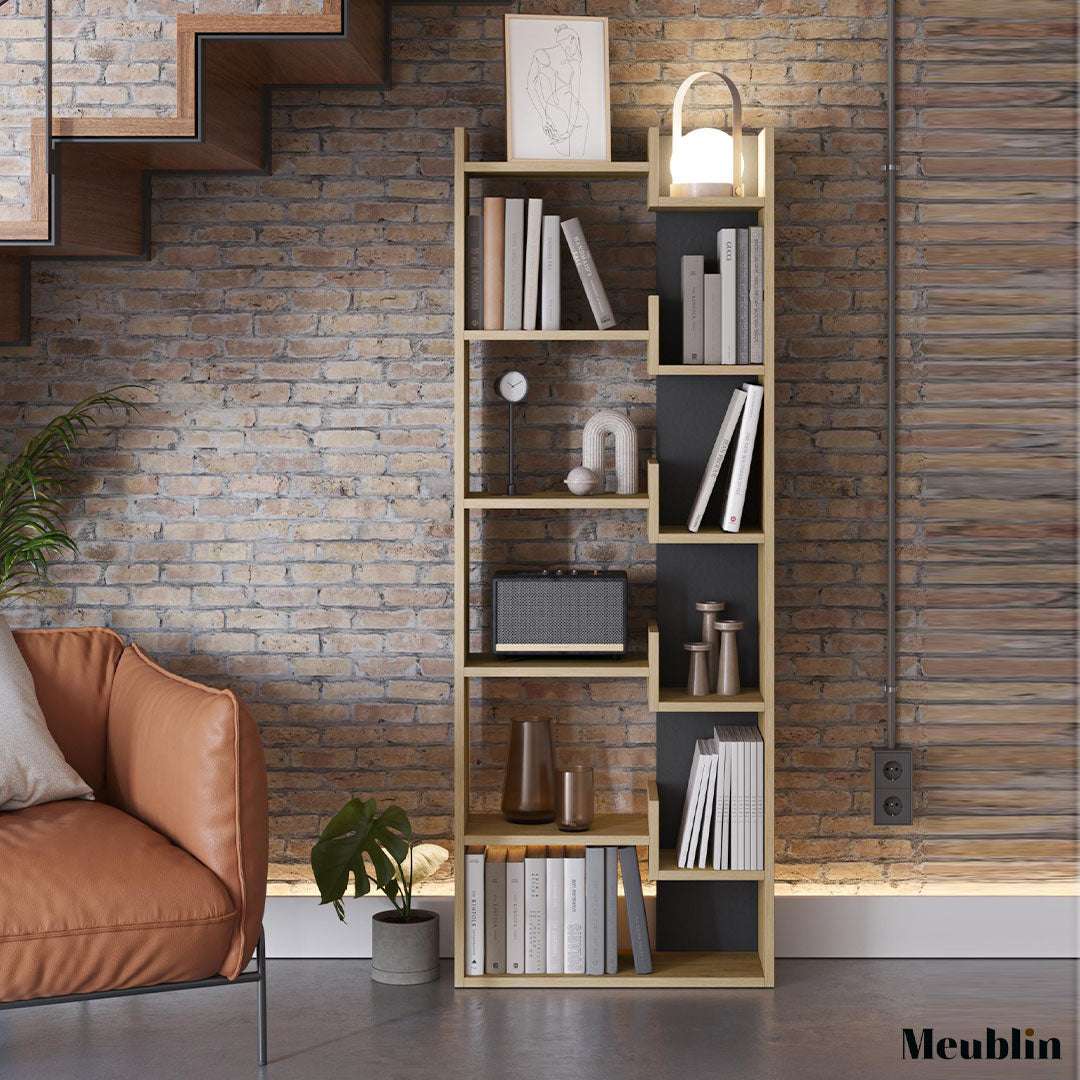 Bibliothèque à étagères de rangement OPPA 162 cm - Chêne et Noir