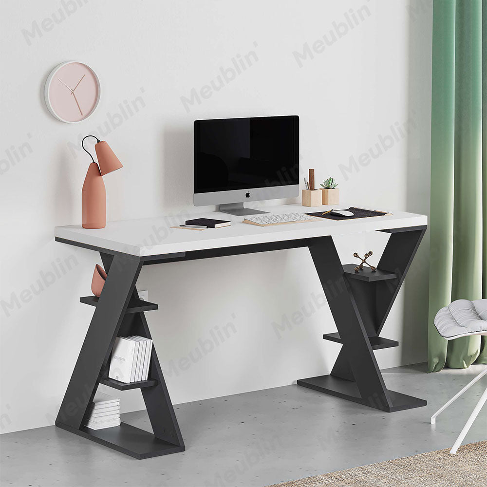 Bureau de travail en bois solide PAPILLON 137 cm - Gris et Blanc