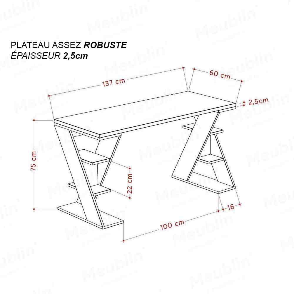 Bureau de travail en bois solide PAPILLON 137 cm - Gris et Blanc - Meublin.ma bureau de travail Meublin.ma