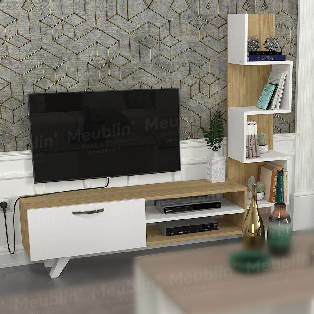 Meuble TV à design moderne CEREN 150 cm - Chêne et blanc - Meublin.ma Meuble TV Meublin.ma