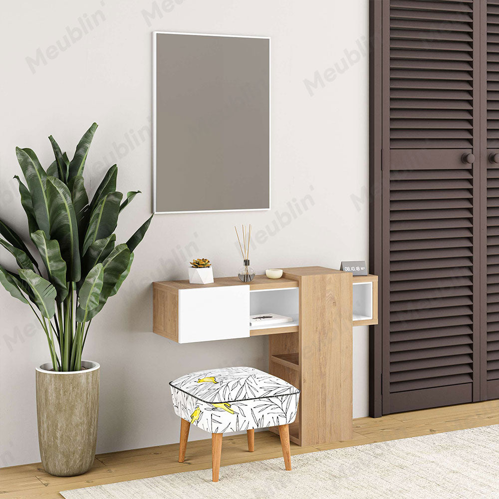 Console coiffeuse EFES 100 cm avec miroir - Chêne et Blanc