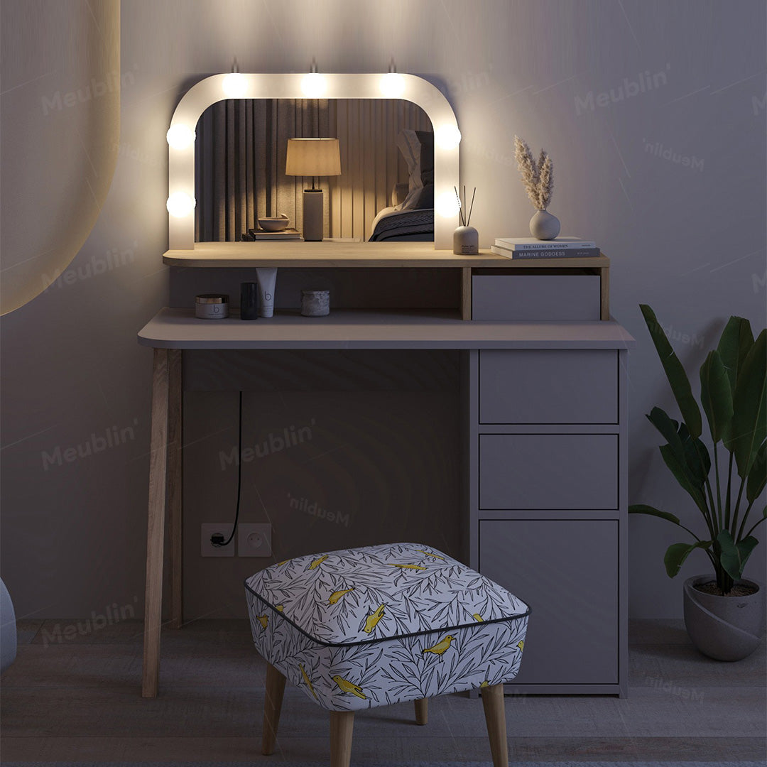 Table Coiffeuse AVIEN Avec Miroir LED + 3 tiroirs  - Beige / Chêne