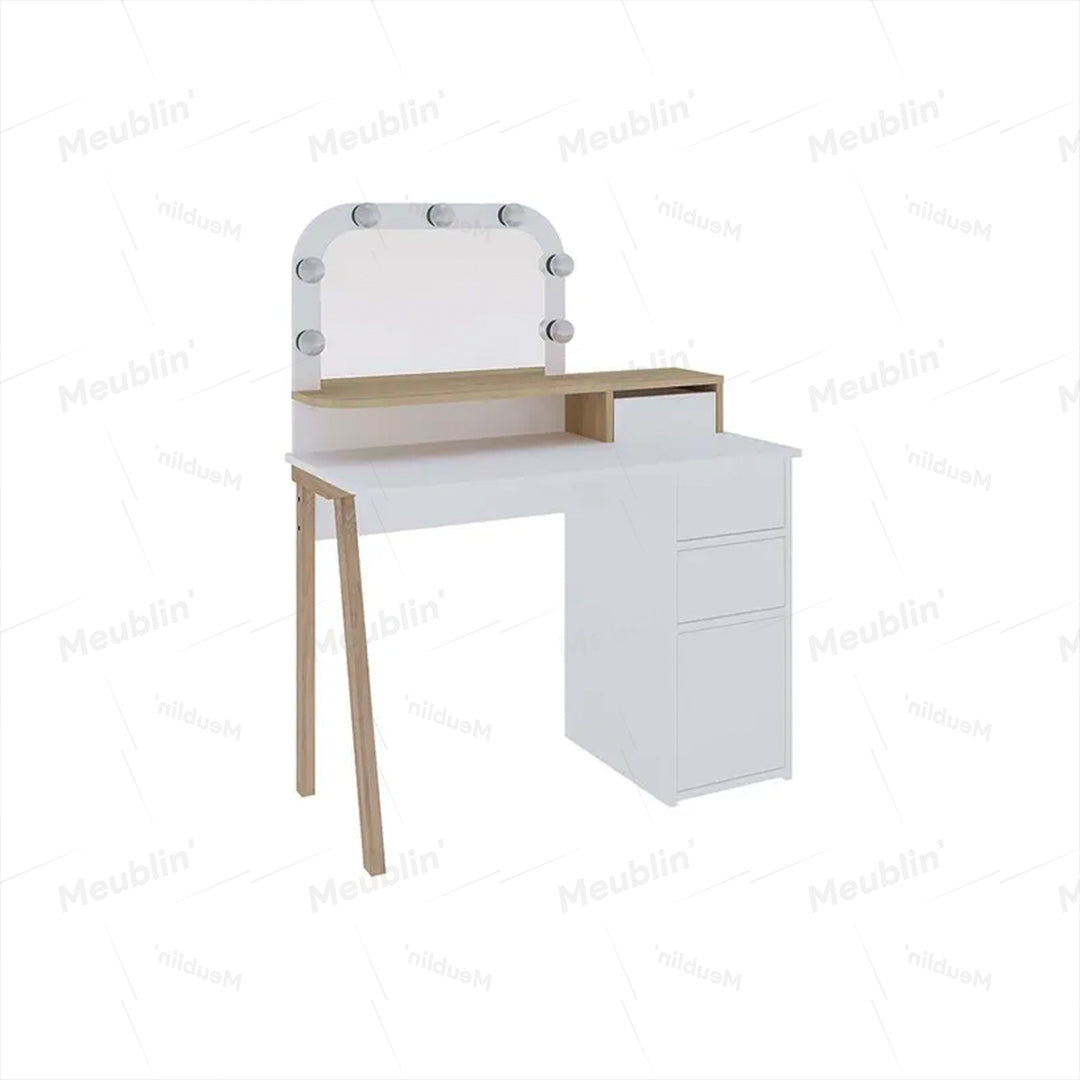 Coiffeuse AVIEN Avec Miroir + 3 Tiroirs et Led - Blanc / Chêne