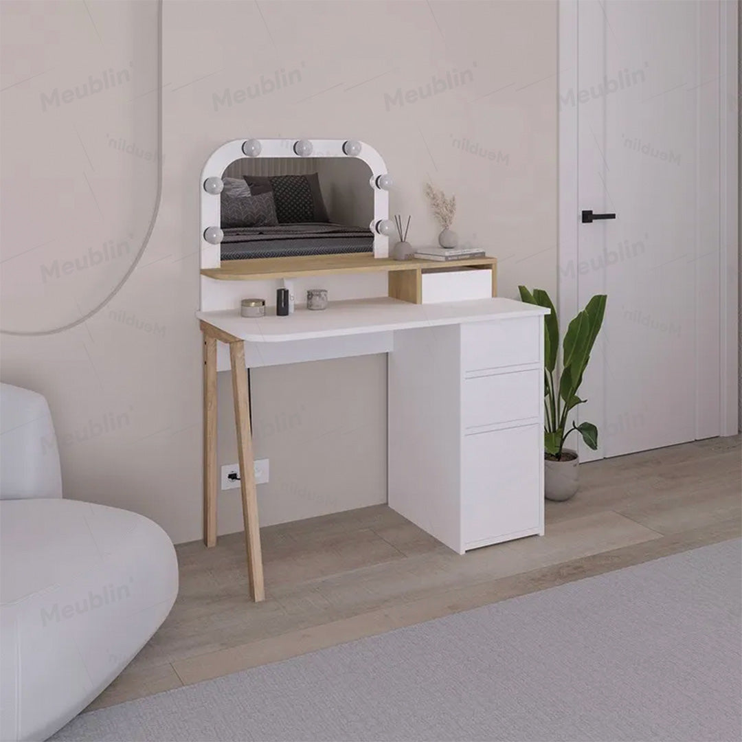 Coiffeuse AVIEN Avec Miroir + 3 Tiroirs et Led - Blanc / Chêne
