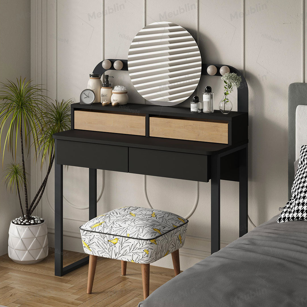 Table Coiffeuse LORA Avec Miroir LED + 4 tiroirs  - Noir / Chêne