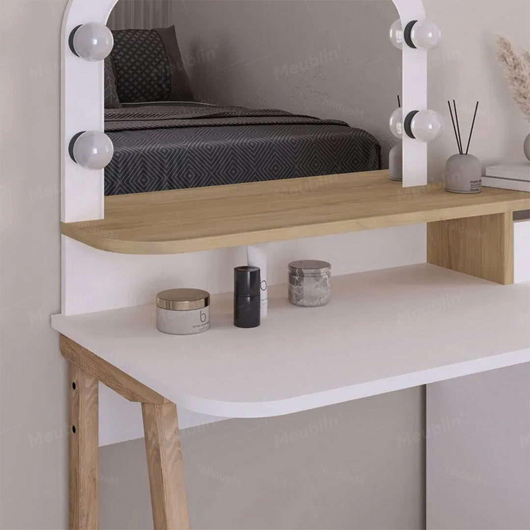 Coiffeuse AVIEN Avec Miroir + 3 Tiroirs et Led - Blanc / Chêne