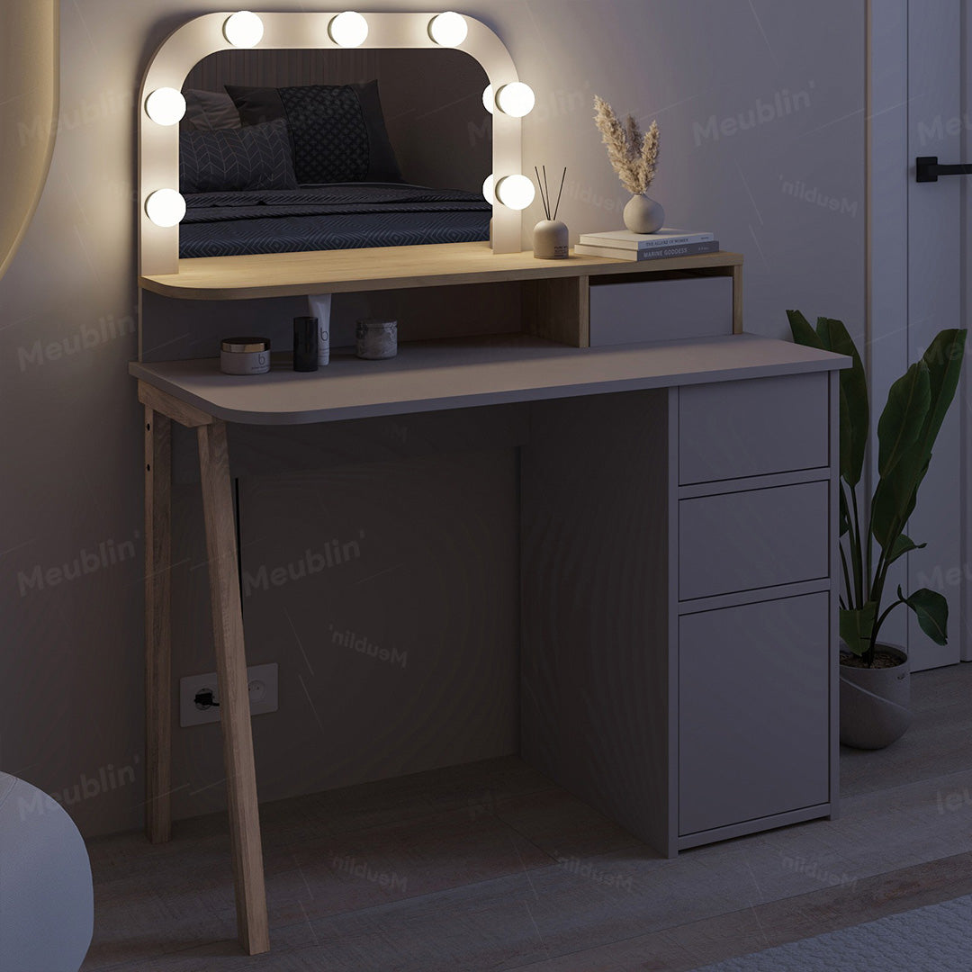 Table Coiffeuse AVIEN Avec Miroir LED + 3 tiroirs  - Beige / Chêne