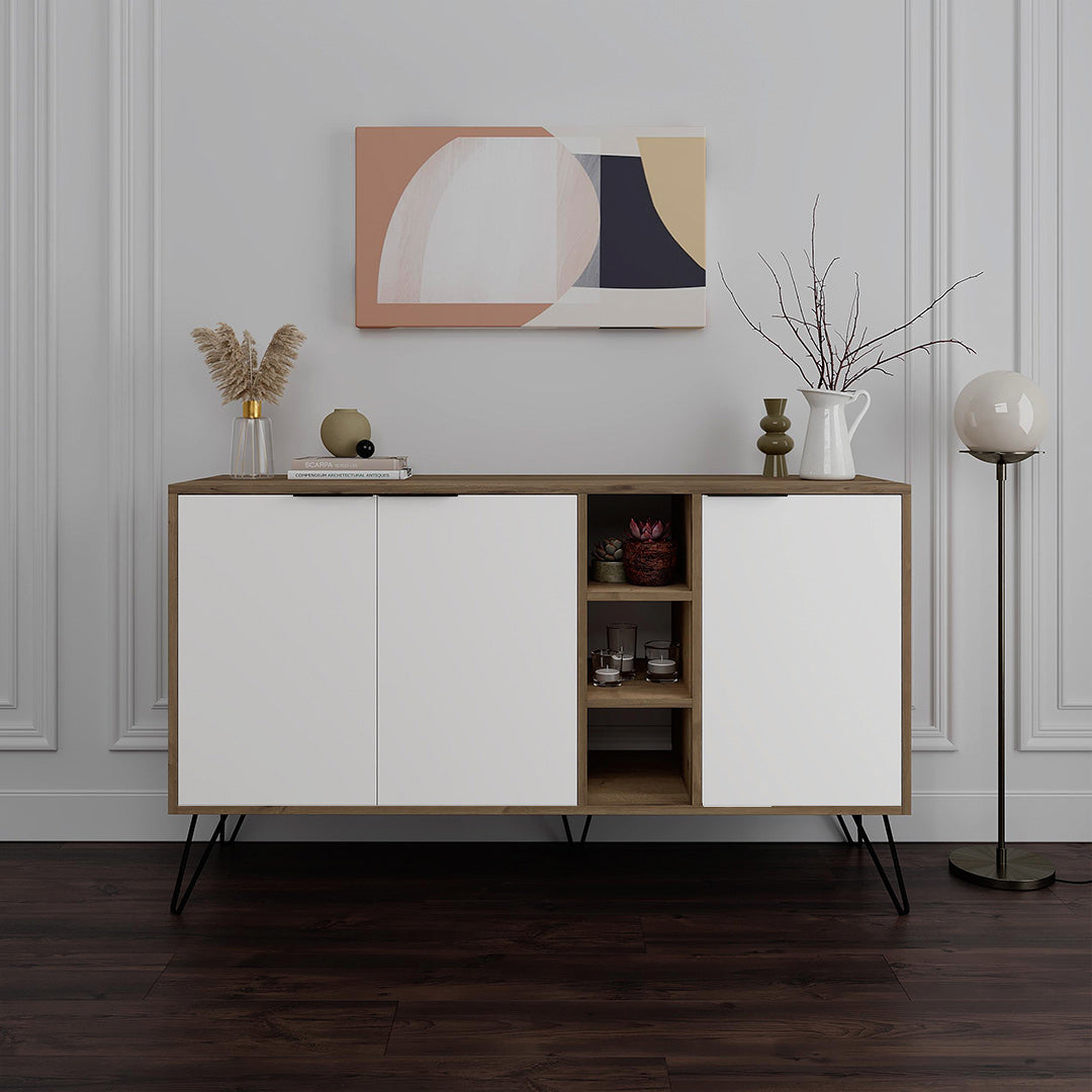 Console CLARA 142 cm - Buffet et Bahut de rangement - Noyer et Blanc
