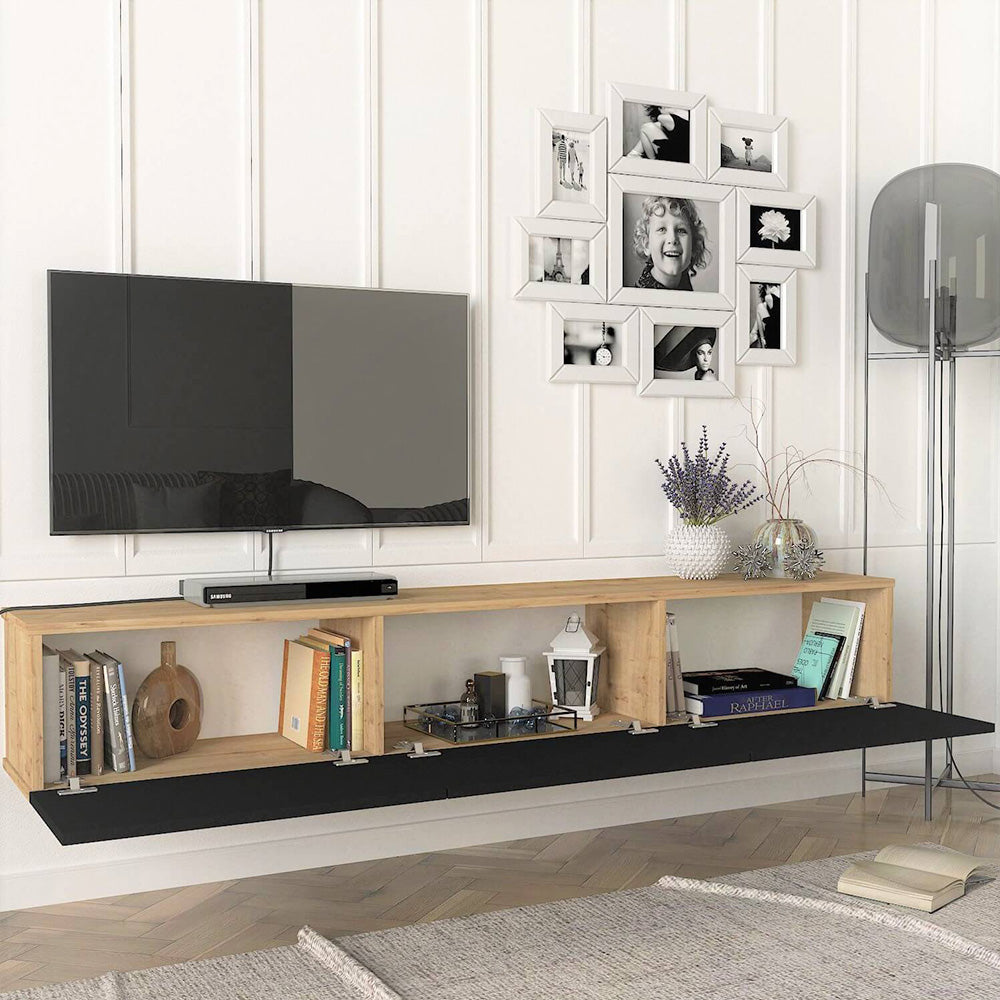 Meuble TV design suspendu DAMLA 180 cm - Chêne et noir - Meublin.ma Meuble TV Meublin.ma