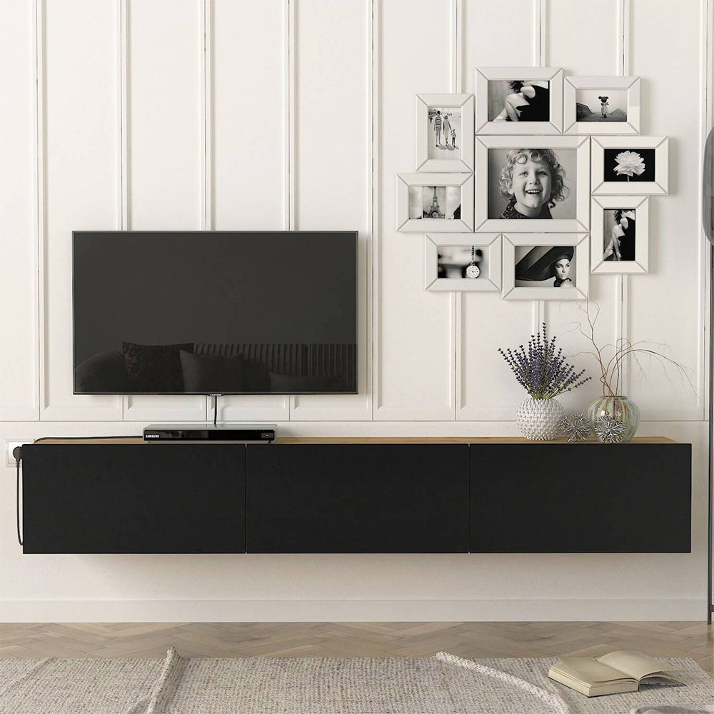 Meuble TV design suspendu DAMLA 180 cm - Chêne et noir - Meublin.ma Meuble TV Meublin.ma