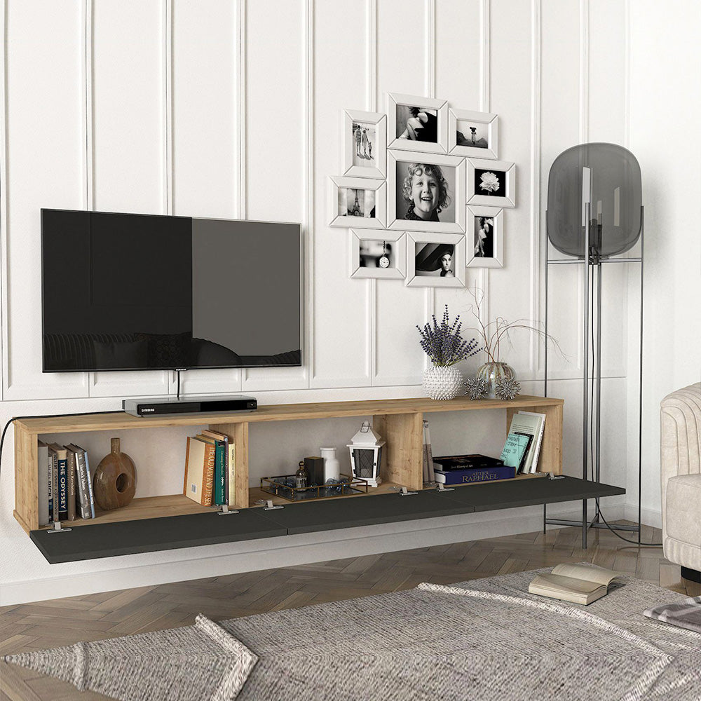 Meuble TV design suspendu DAMLA 180 cm - Chêne et gris anthracite - Meublin.ma Meuble TV Meublin.ma