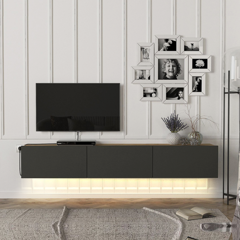 Meuble TV design suspendu DAMLA 180 cm - Chêne et gris anthracite - Meublin.ma Meuble TV Meublin.ma