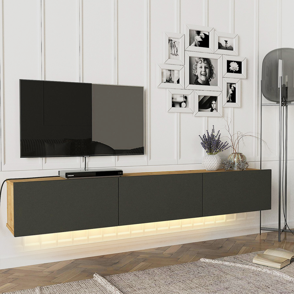 Meuble TV design suspendu DAMLA 180 cm - Chêne et gris anthracite - Meublin.ma Meuble TV Meublin.ma