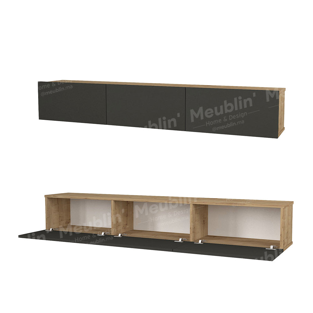 Meuble TV design suspendu DAMLA 180 cm - Chêne et gris anthracite - Meublin.ma Meuble TV Meublin.ma