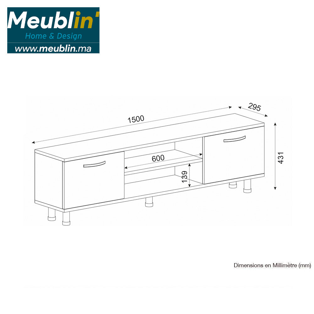 Meuble TV moderne DERMA 150 cm - Blanc et noyer - Meublin.ma Meuble TV Meublin.ma