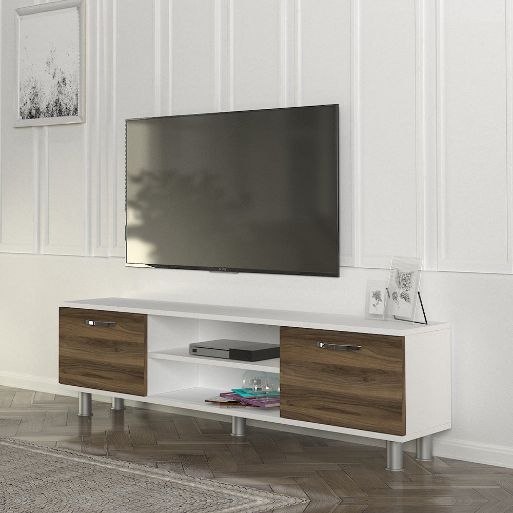 Meuble TV moderne DERMA 150 cm - Blanc et noyer - Meublin.ma Meuble TV Meublin.ma