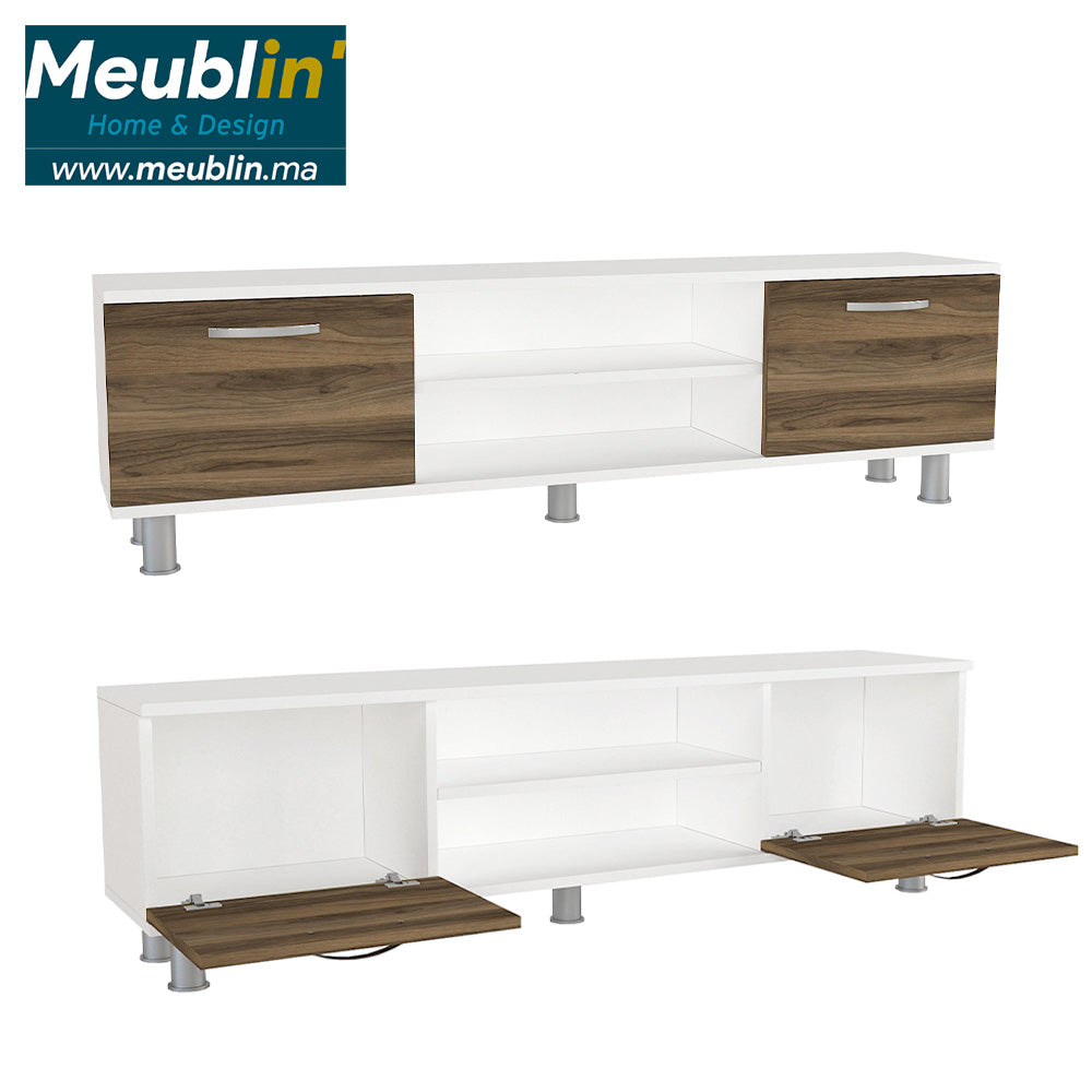 Meuble TV moderne DERMA 150 cm - Blanc et noyer - Meublin.ma Meuble TV Meublin.ma