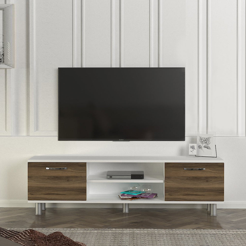 Meuble TV moderne DERMA 150 cm - Blanc et noyer - Meublin.ma Meuble TV Meublin.ma