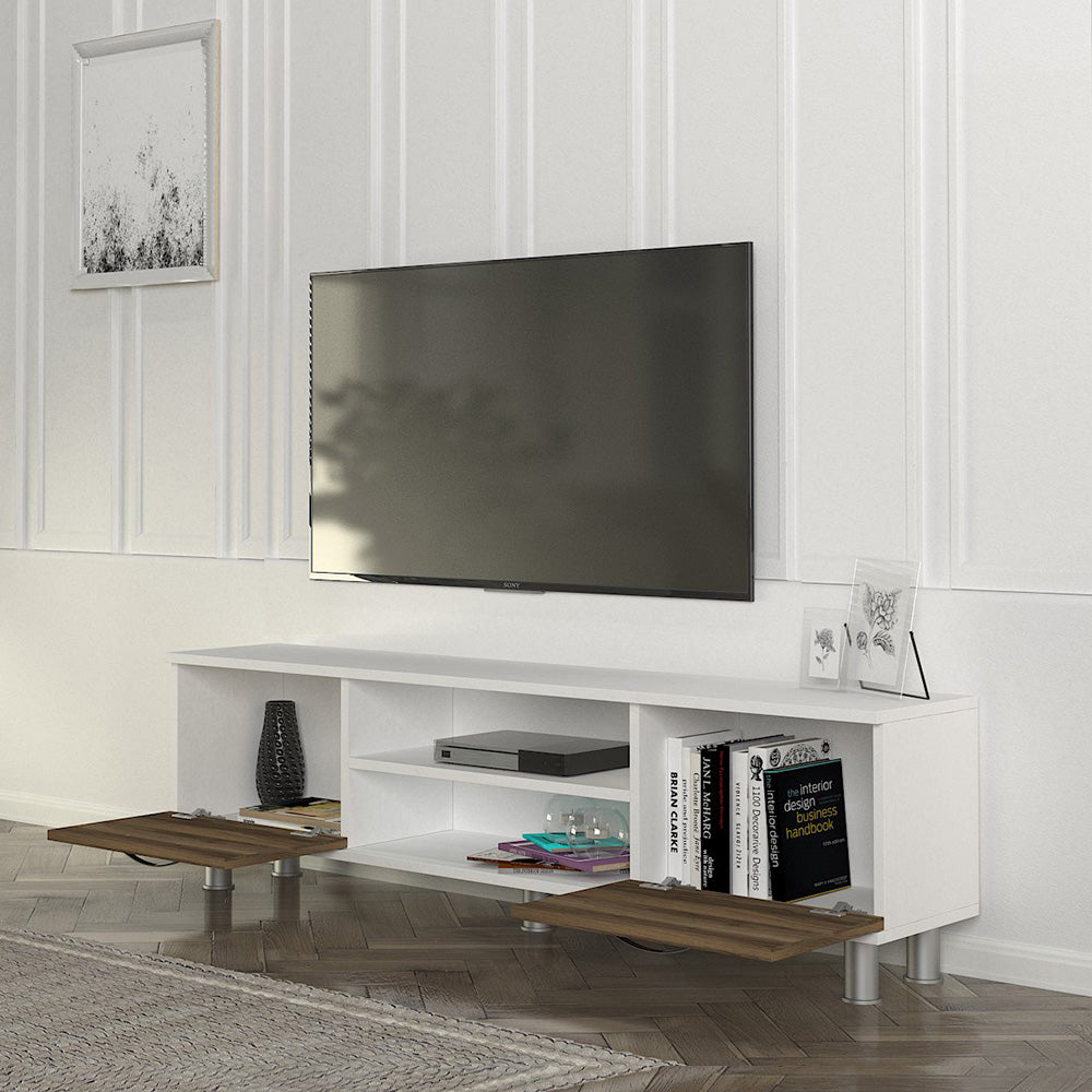 Meuble TV moderne DERMA 150 cm - Blanc et noyer - Meublin.ma Meuble TV Meublin.ma