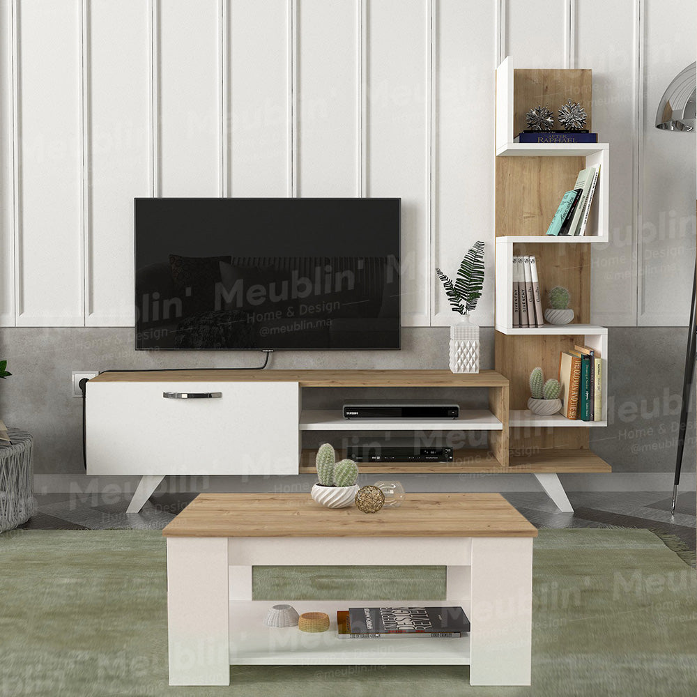 Pack DIMAREN - Meuble TV et Table basse - Blanc et chêne - Meublin.ma Meuble TV Meublin.ma