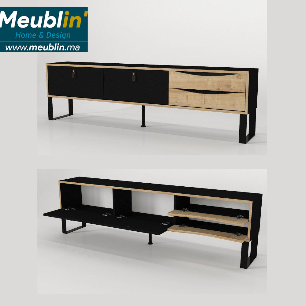 Stand TV moderne FAYTHE 180 cm - Noir et chêne - Meublin.ma Meuble TV Meublin.ma
