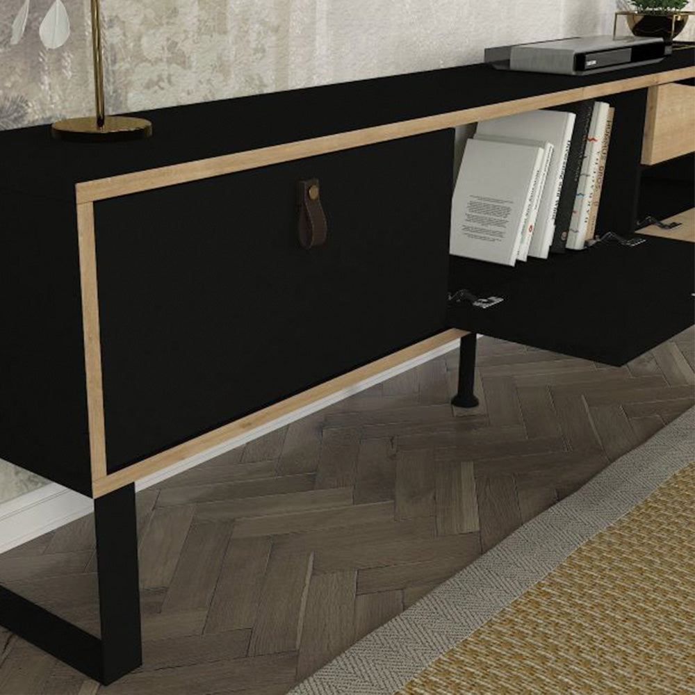 Stand TV moderne FAYTHE 180 cm - Noir et chêne - Meublin.ma Meuble TV Meublin.ma