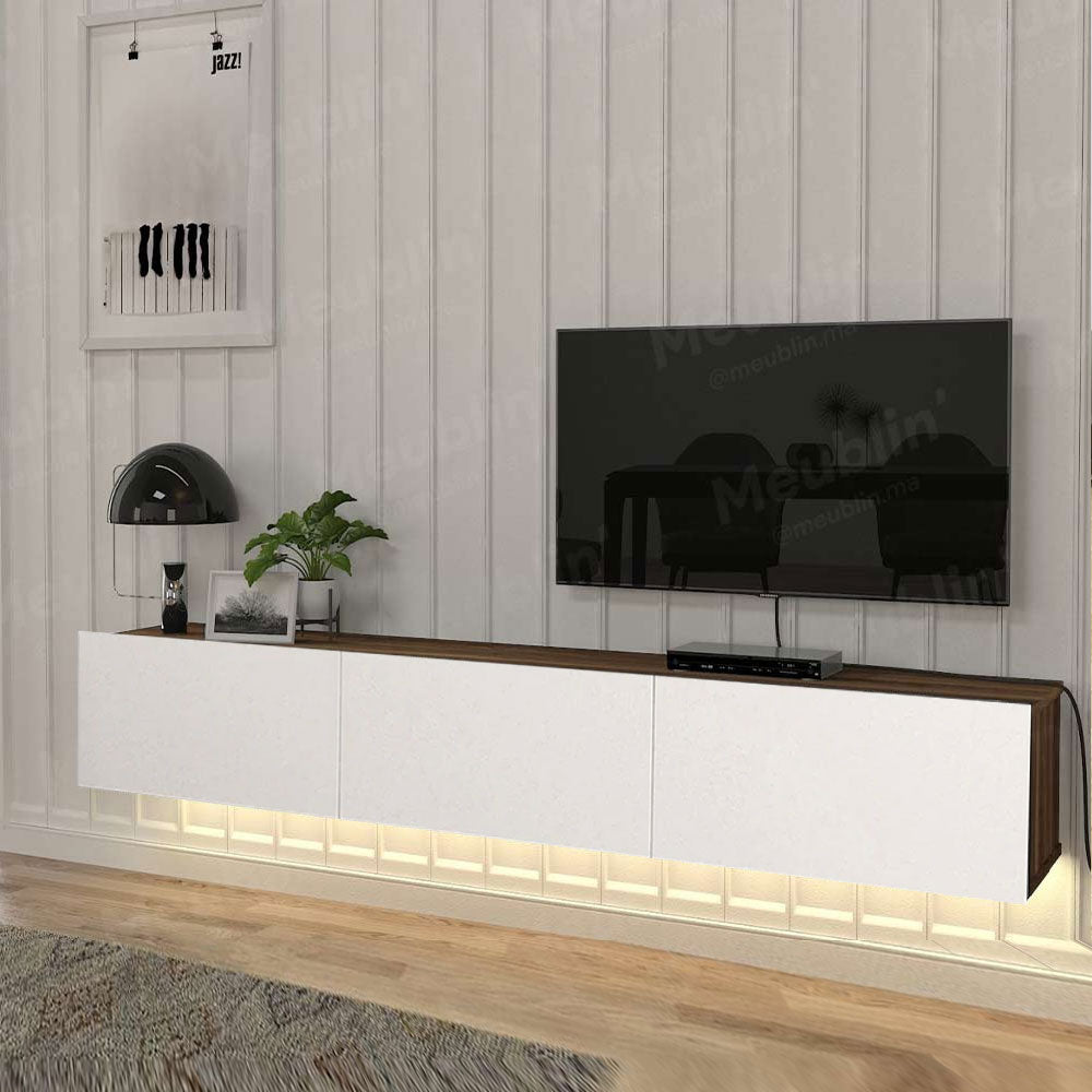 Meuble TV suspendu 180 cm - Cadre Noyer Portes en Blanc