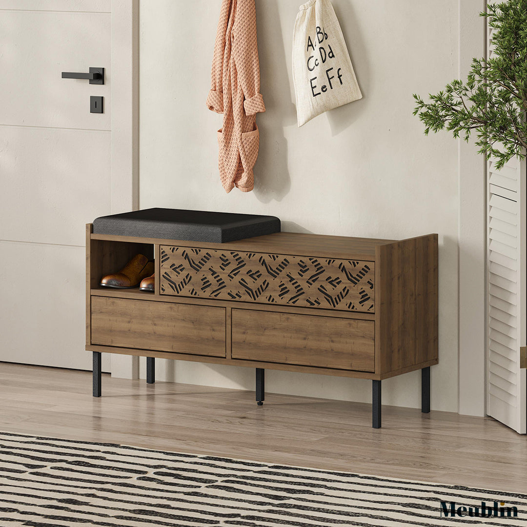 Banc à chaussures - 3 compartiments HEATON 110 cm - Marron Noyer