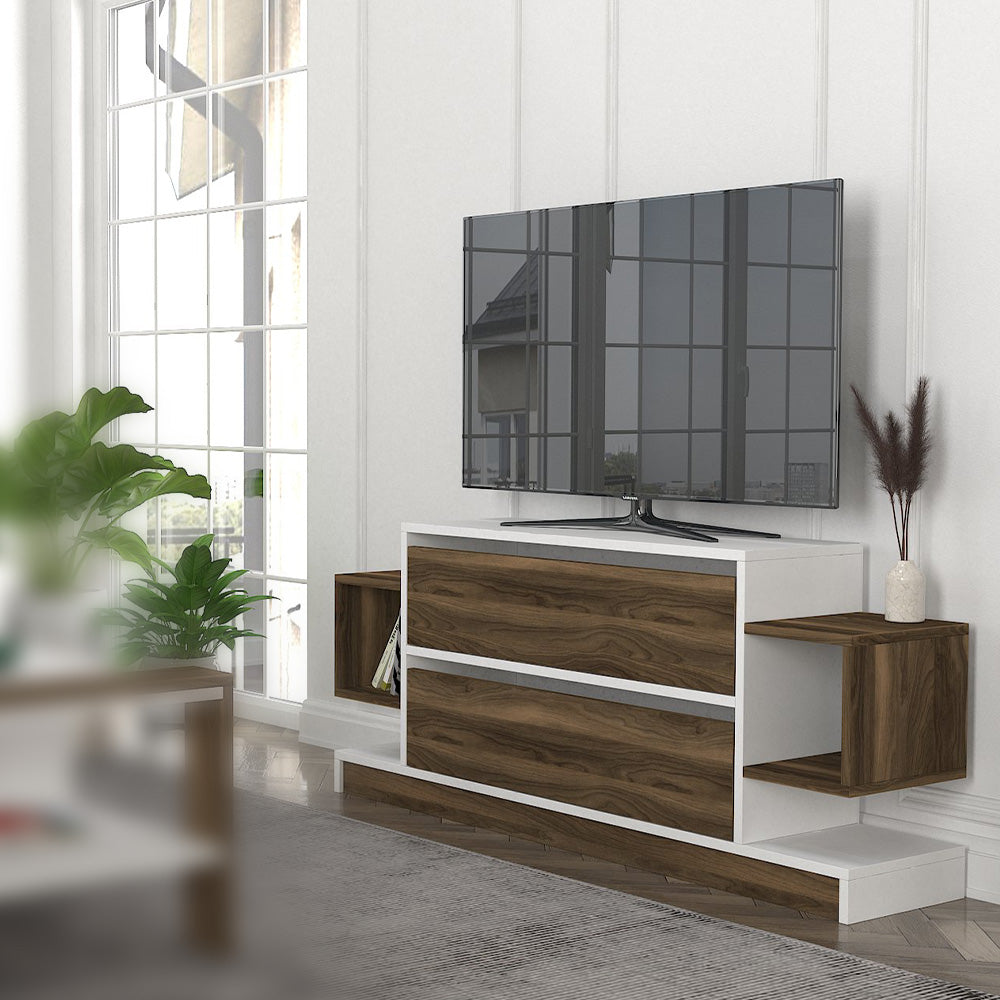 Meuble TV MAGIC 134 cm avec 2 étagères murales - Noyer et blanc - Meublin.ma Meuble TV Meublin.ma