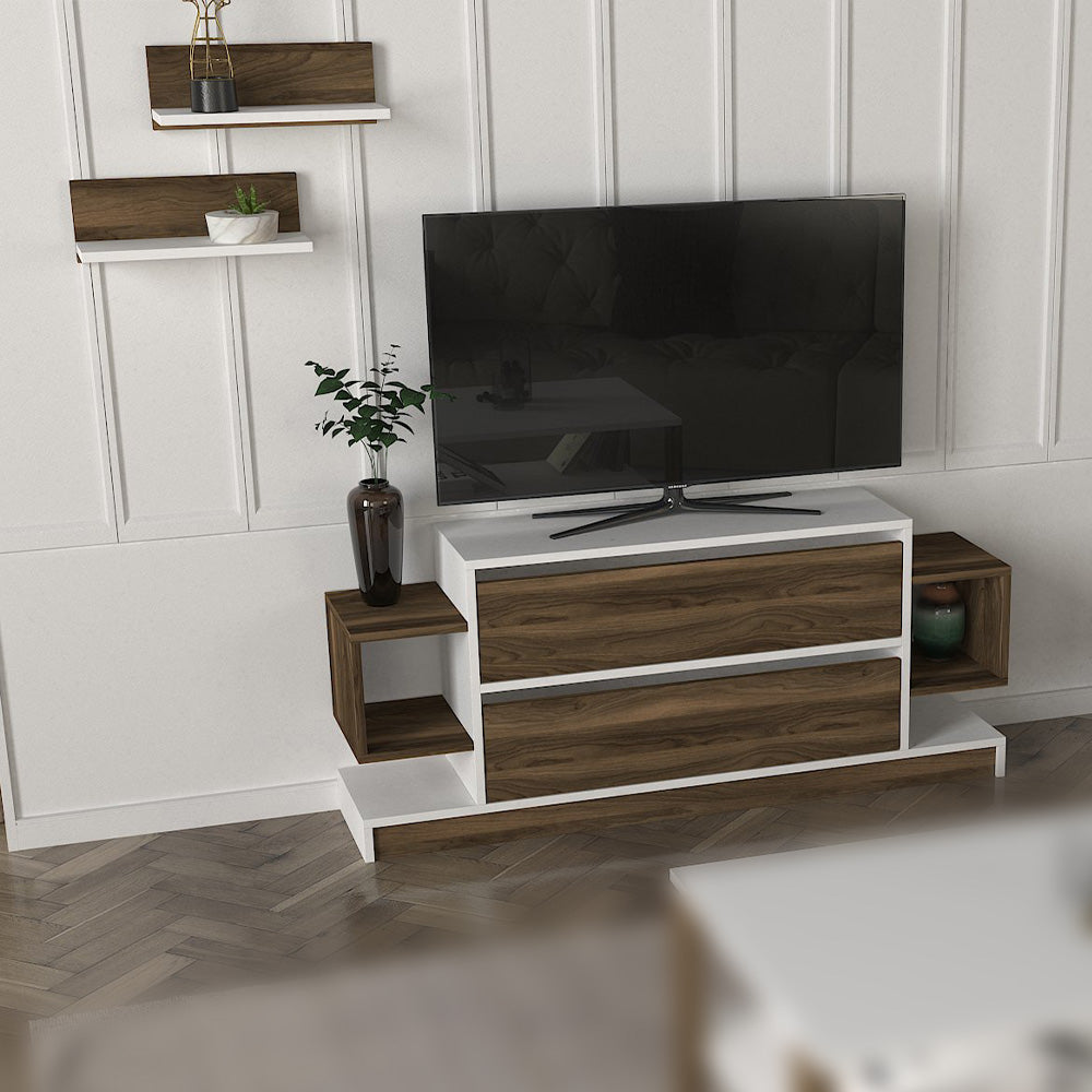 Meuble TV MAGIC 134 cm avec 2 étagères murales - Noyer et blanc - Meublin.ma Meuble TV Meublin.ma